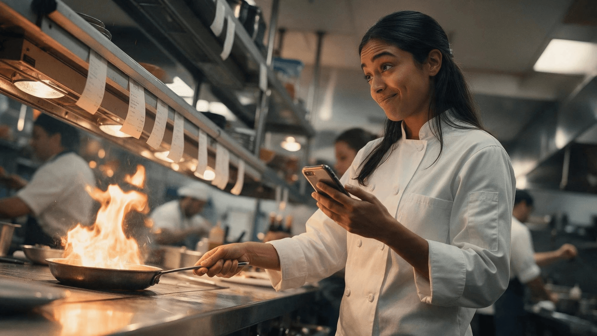 A young woman chef with long dark hair tied back stands at a steel kitchen pass during a dinner rush, gripping a flaming pan in one hand and a phone in the other, glancing at the screen with a wry half-smile while cooks work under a rail of order tickets behind her