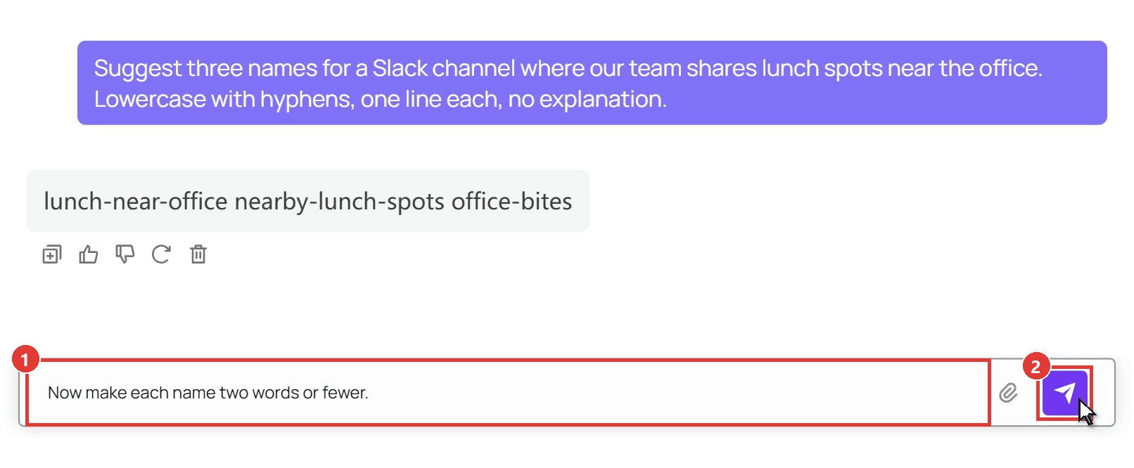 GPT-6 Luna playground on Atlas Cloud showing the Slack channel prompt and a reply with three hyphenated names, with a follow-up request in the message box marked as step 1 and the send arrow marked as step 2 with the cursor resting on it