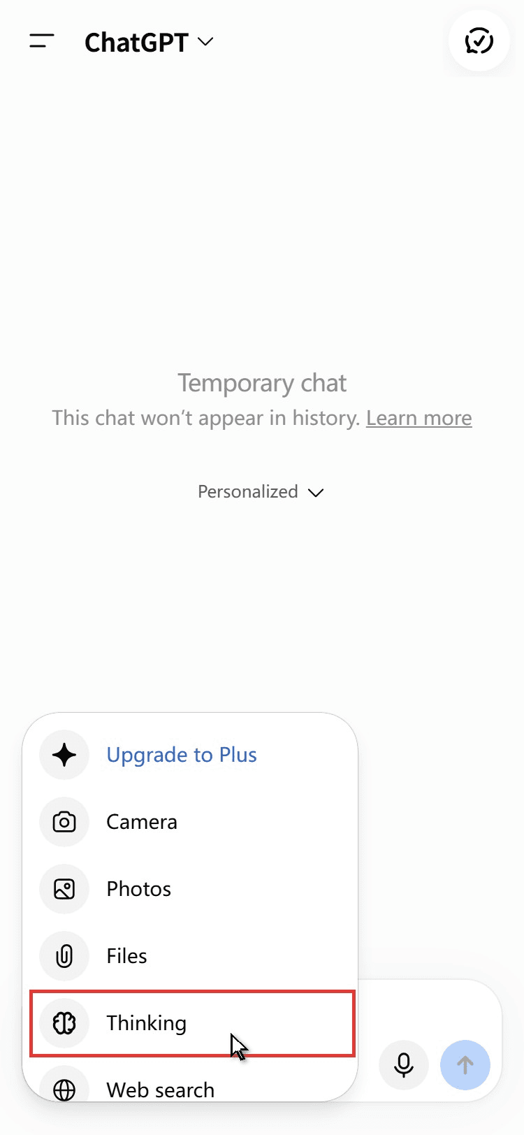 ChatGPT in a phone-width browser on a free account with the plus menu open above the message box, listing Upgrade to Plus, Camera, Photos, Files, Thinking and Web search, with the Thinking row outlined in red