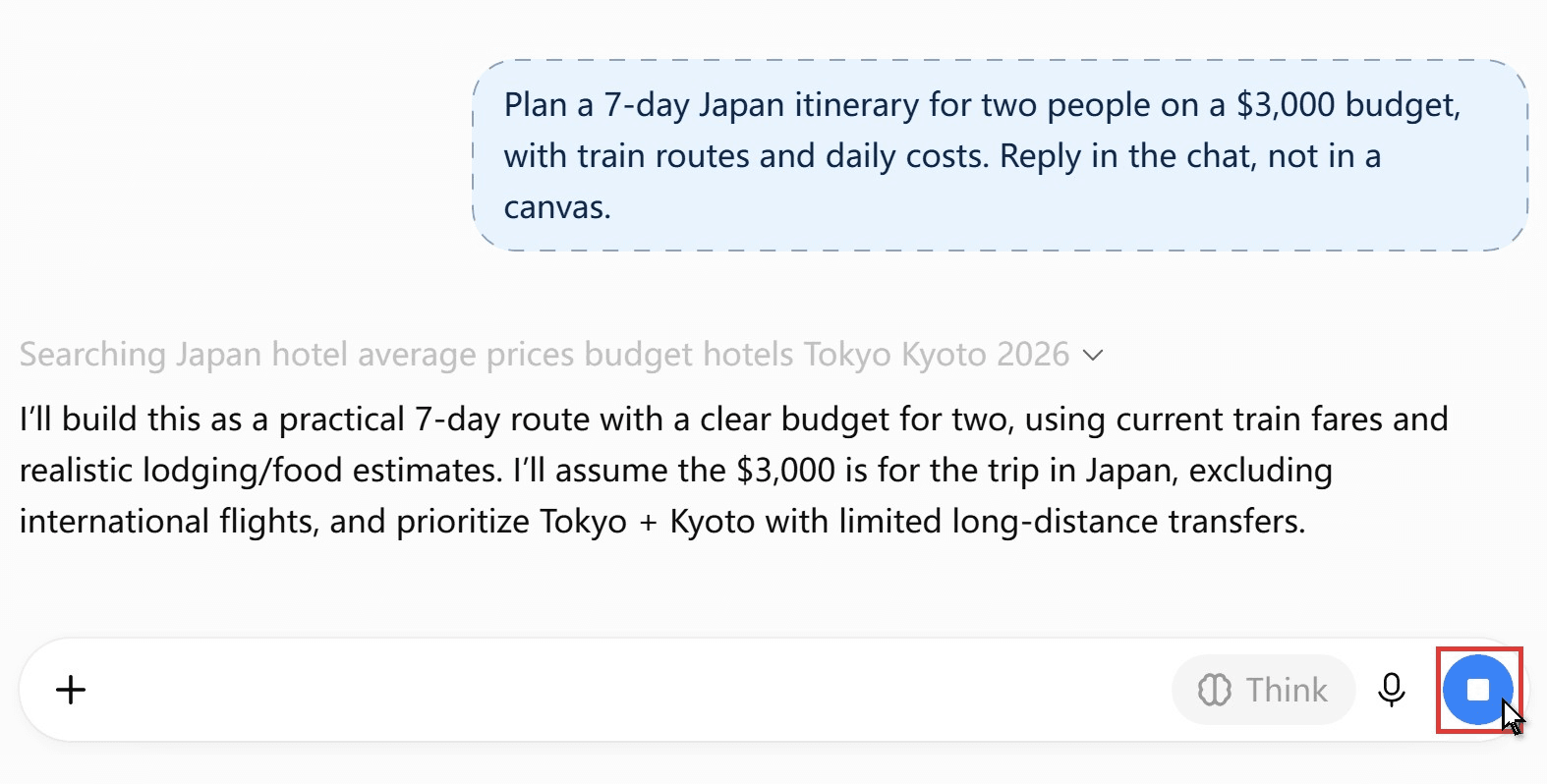 ChatGPT reply in progress for a 7-day Japan itinerary prompt, with a grey status line reading Searching Japan hotel average prices and a one-paragraph plan so far, and the stop button in the message box outlined in red with the cursor on it