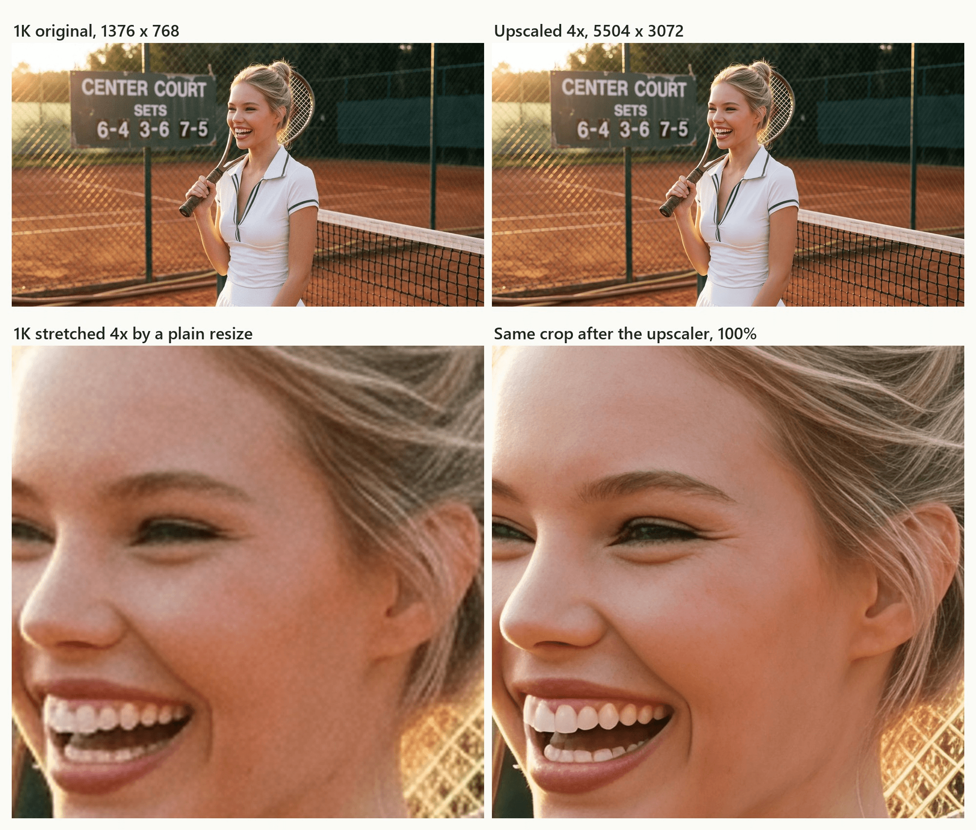 Top row, a 1376 x 768 Nano Banana 2.1 portrait of a tennis player and the same image upscaled 4x to 5504 x 3072. Bottom row, a 100 percent face crop where a plain 4x resize leaves soft, grainy lashes and skin, beside the upscaled crop with defined lashes, clean teeth edges and fine flyaway hairs.