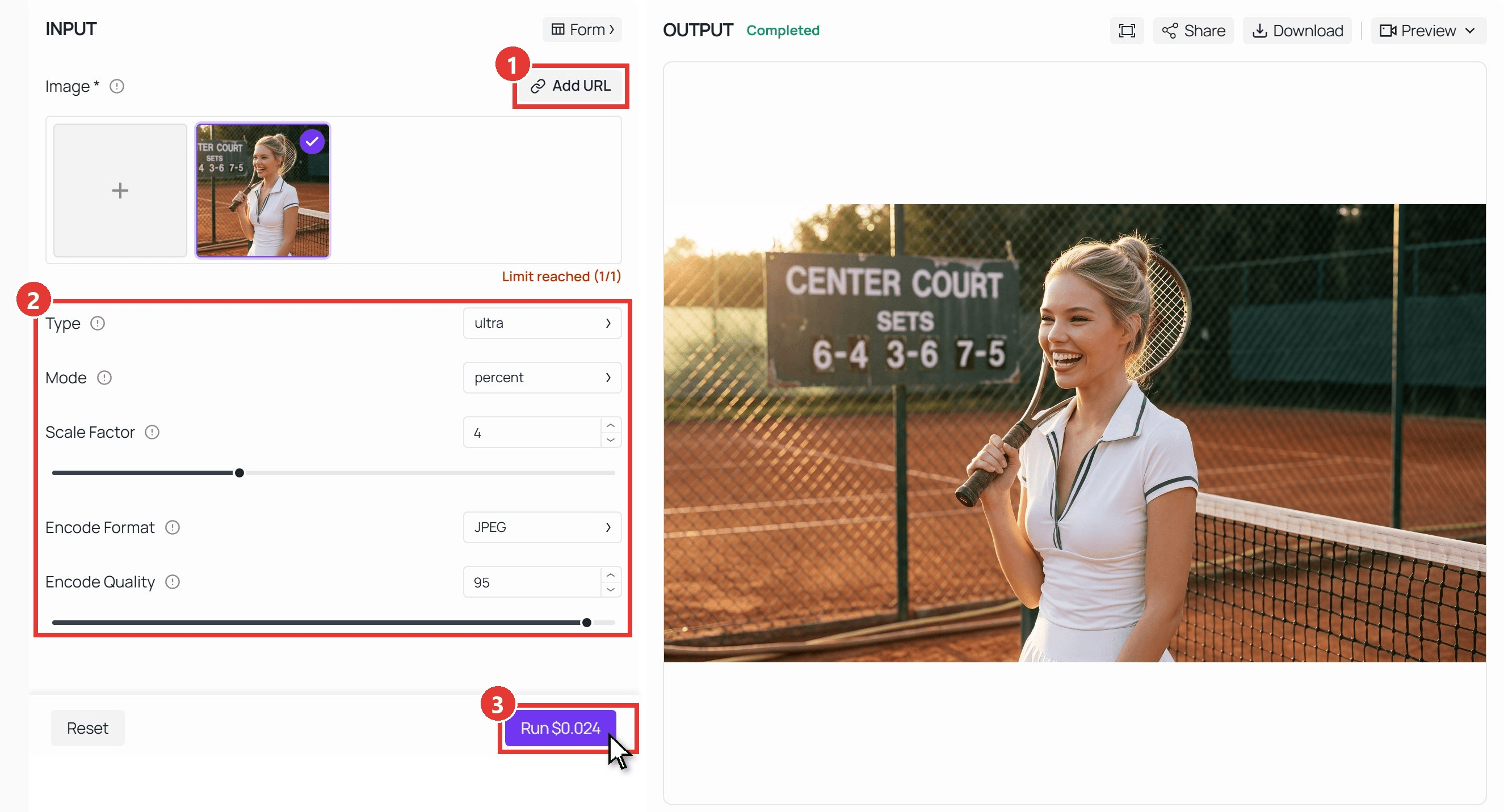 The Tencent Image Upscaler playground on Atlas Cloud. Box 1 marks the Add URL button above the loaded tennis portrait, box 2 marks the settings with Type set to ultra, Mode to percent, Scale Factor to 4 and Encode Quality to 95, and box 3 marks the Run button with a cursor on it. The OUTPUT panel shows the completed upscaled portrait.