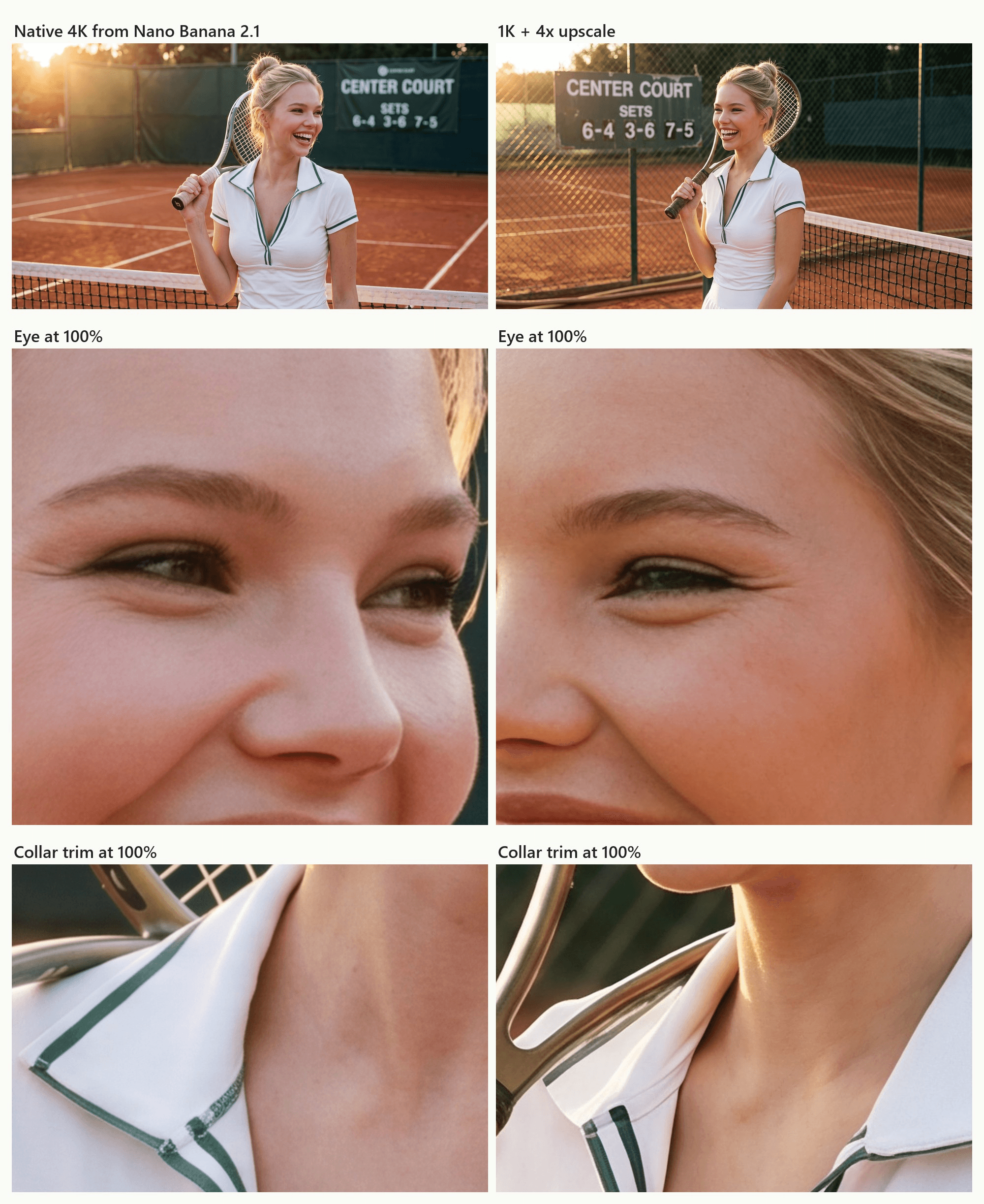 Two 5504 x 3072 versions of the tennis portrait, one rendered natively at 4K by Nano Banana 2.1 and one rendered at 1K and upscaled 4x. The 100 percent eye crops show fine skin creases and individual lashes in the native render and crisp, defined lashes in the upscaled one. The collar crops show visible stitching on the green trim in the native render and clean, sharp stripe edges in the upscaled one.