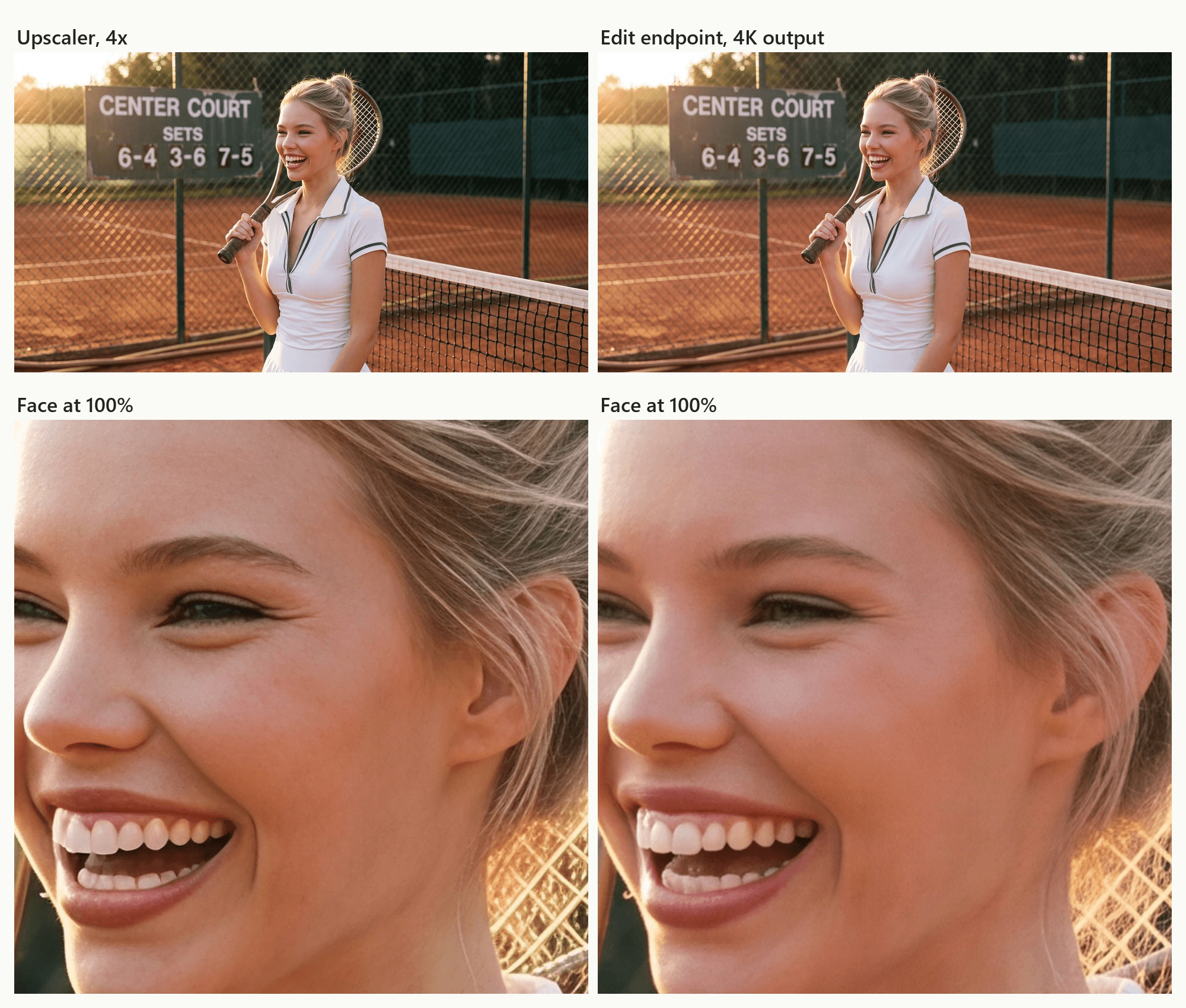 Side by side 5504 x 3072 results from one 1K tennis portrait. Left, the Tencent upscaler at 4x keeps the original face and sharpens it. Right, the Nano Banana 2.1 Edit endpoint at 4K keeps the same pose and scoreboard and redraws the face with finer hair strands and more skin texture.