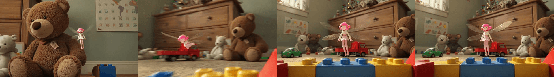 Pink-haired toy fairy flying among teddy bears and colorful blocks