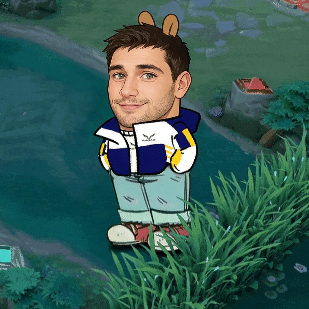 Cartoon man with animal ears standing in a video game river