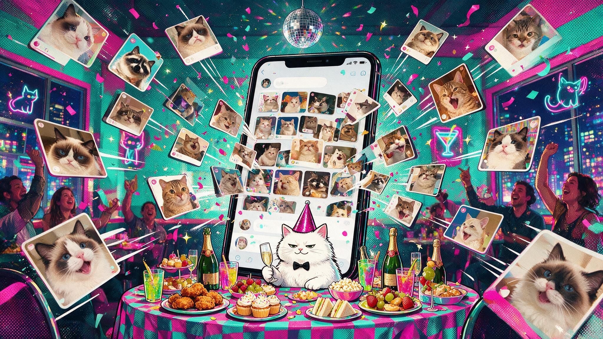 White cat in party hat by phone exploding with cat photos