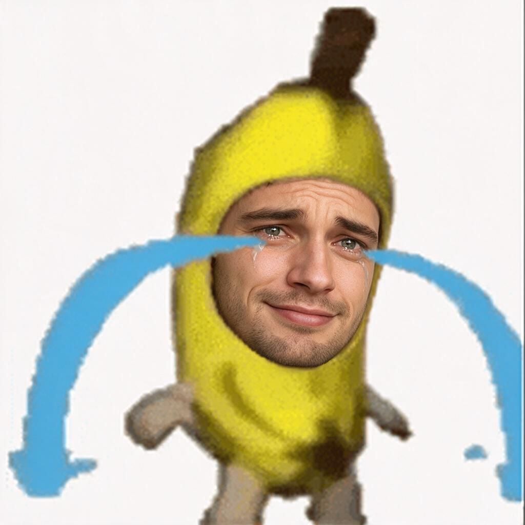Smiling man in a banana costume crying dramatic cartoon tears