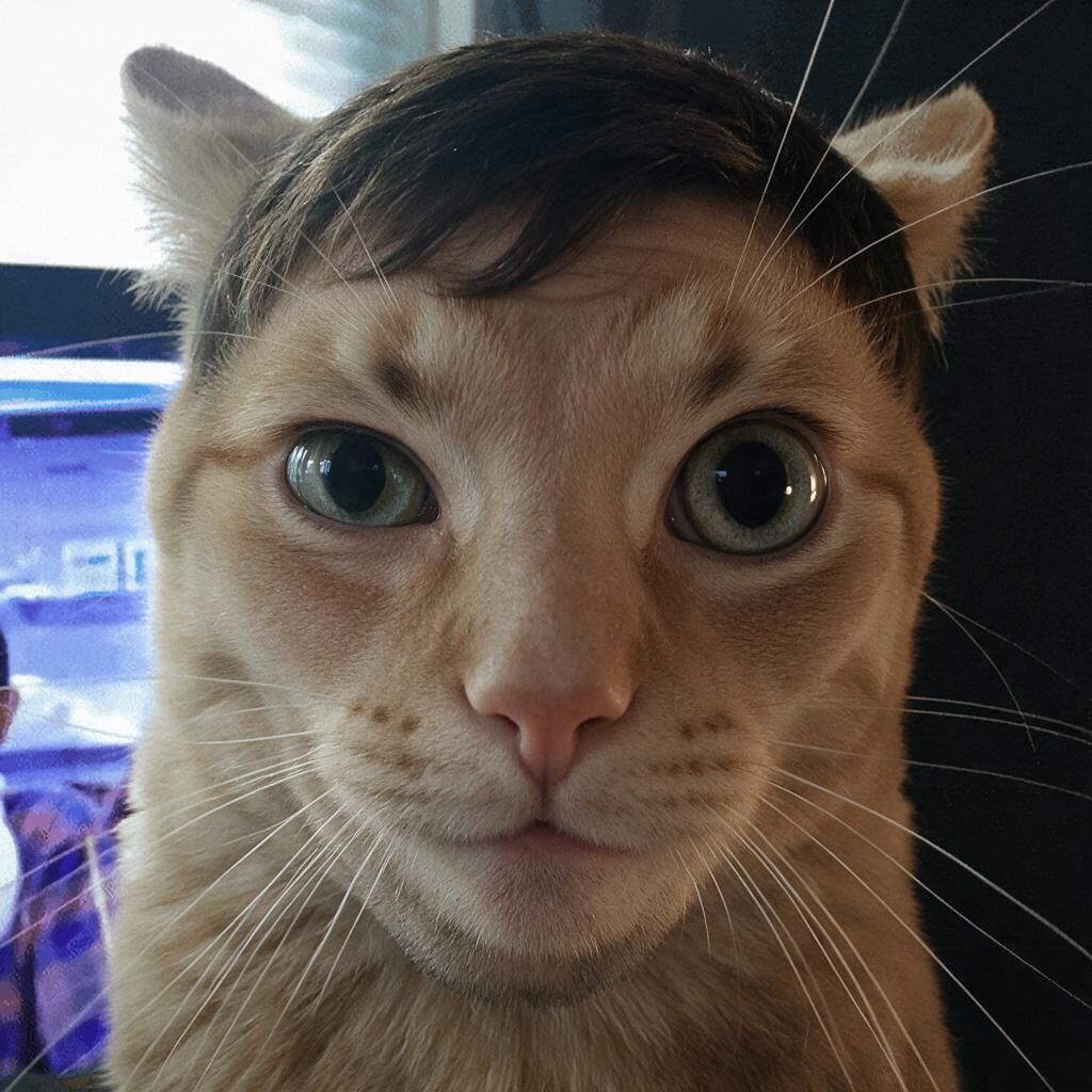 An orange cat with a dark brown human haircut