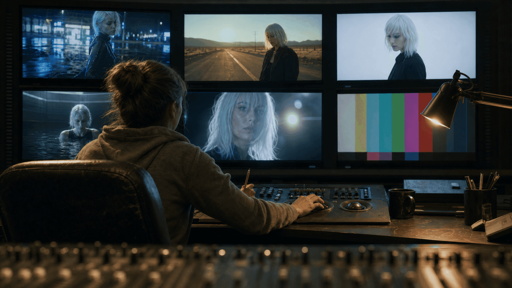 A video editor working at a console with multiple video monitors