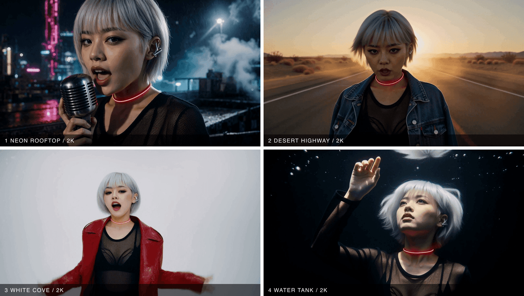 Four views of a silver haired woman wearing a glowing red collar