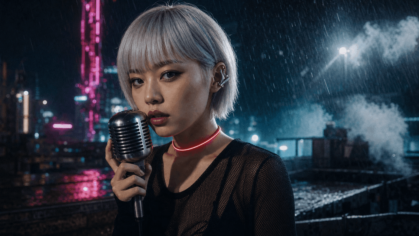 Woman with silver hair holding a vintage microphone in a rainy neon city