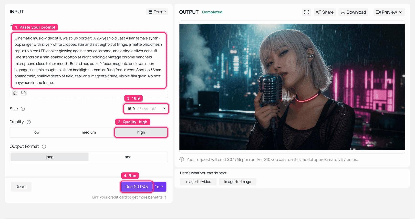 AI image generator interface showing input settings and the generated output