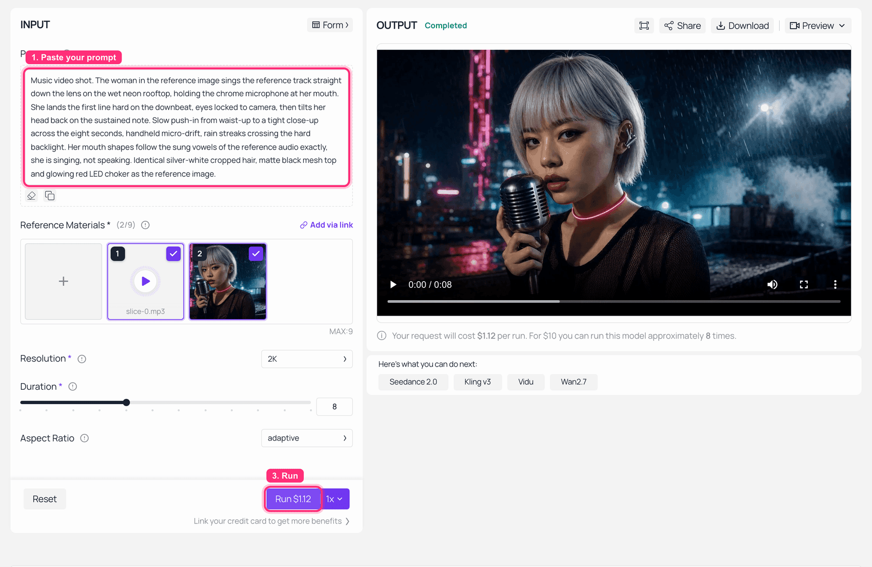 AI video generator interface showing input settings and the generated video