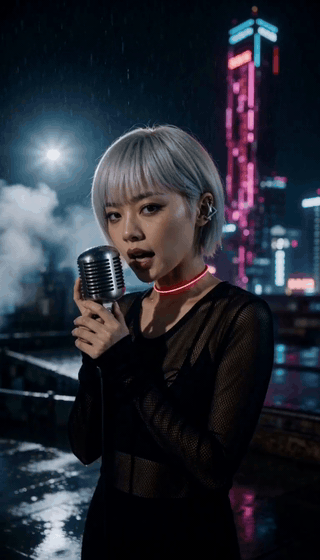 Silver haired woman holding a microphone on a rainy city rooftop