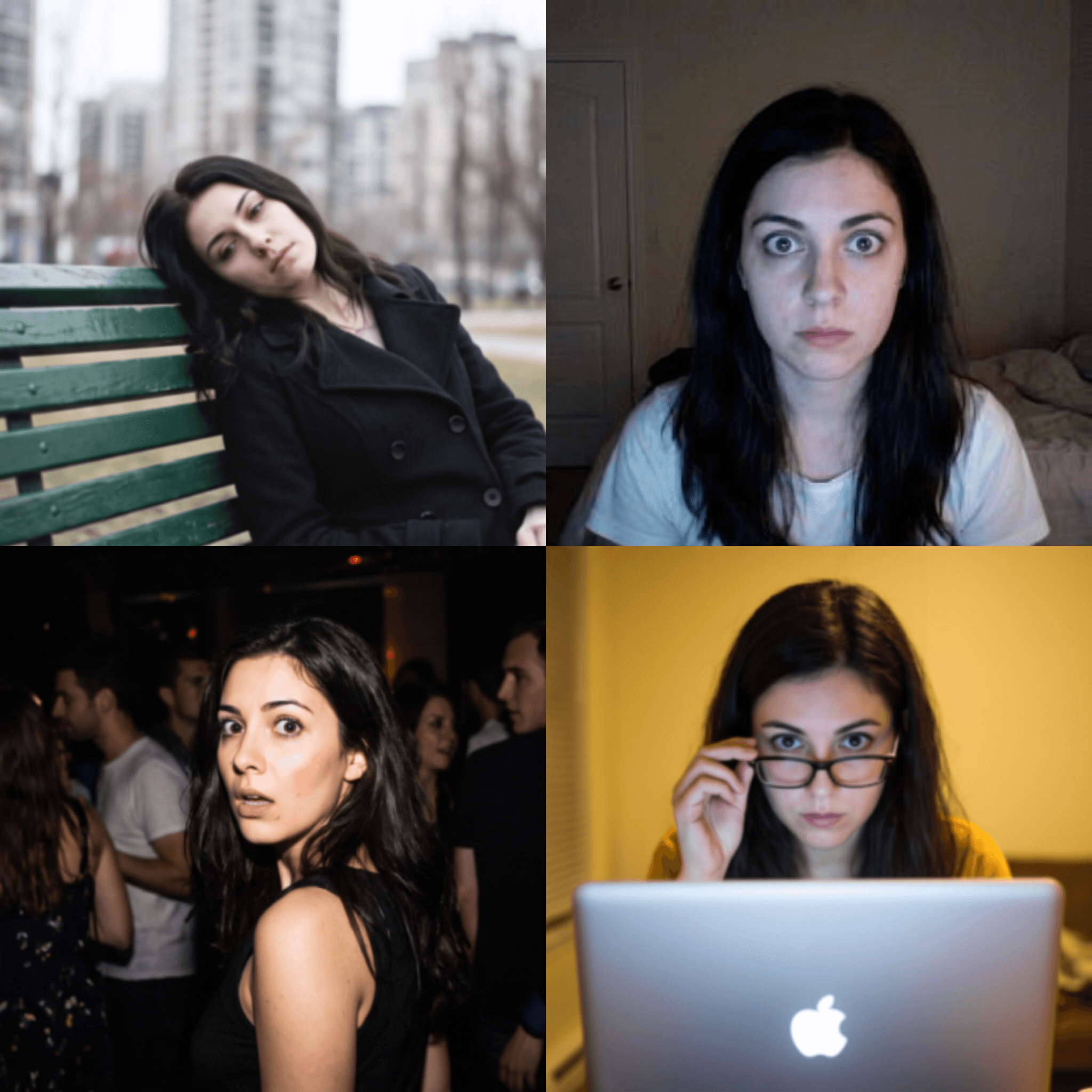 Vier Fotos derselben Frau, die verschiedene Ausdrücke und Stimmungen zeigen