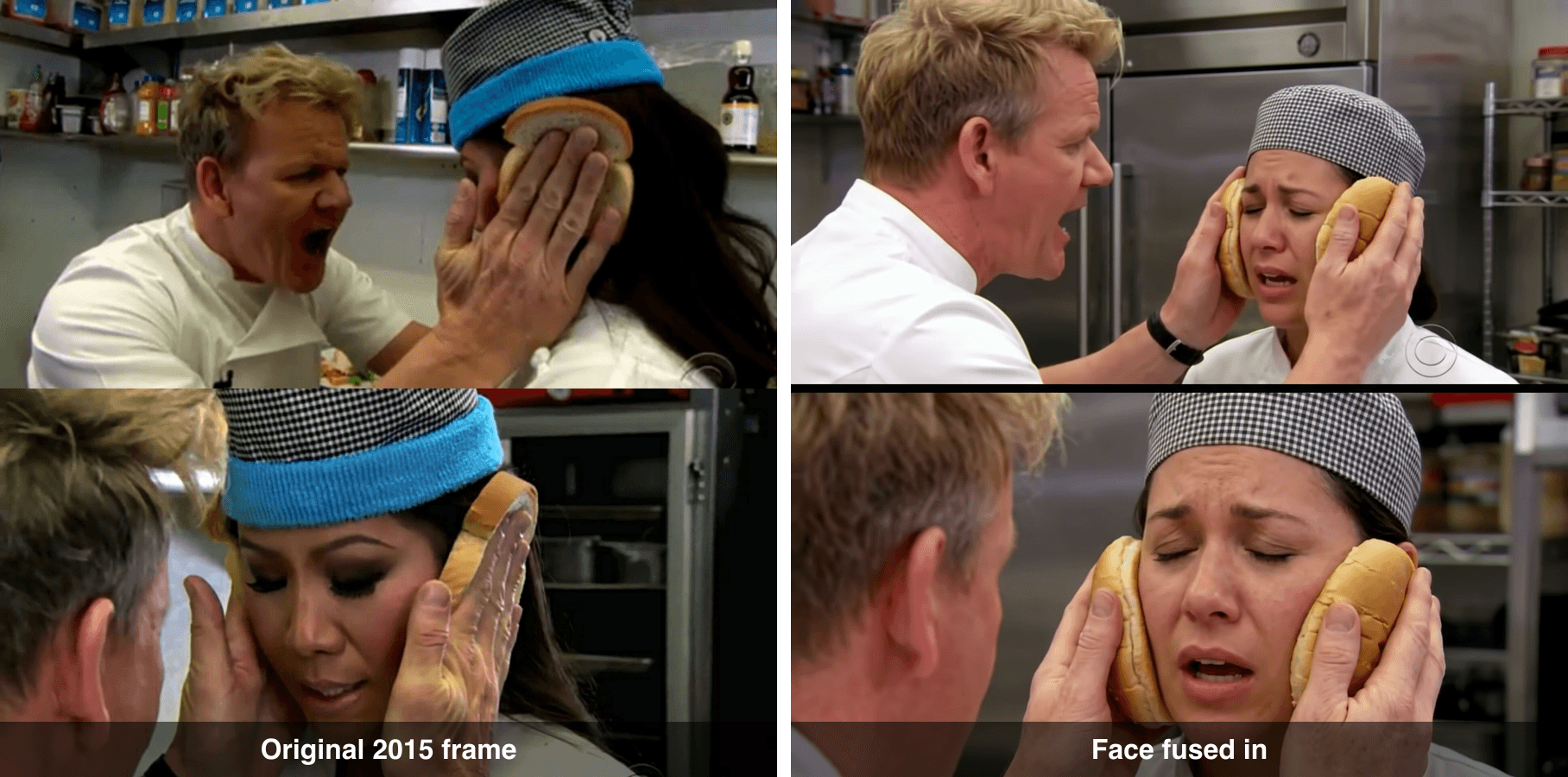 Vergleich des ursprünglichen und des gesichtsverschmolzenen Idiot-Sandwich-Meme-Bildes