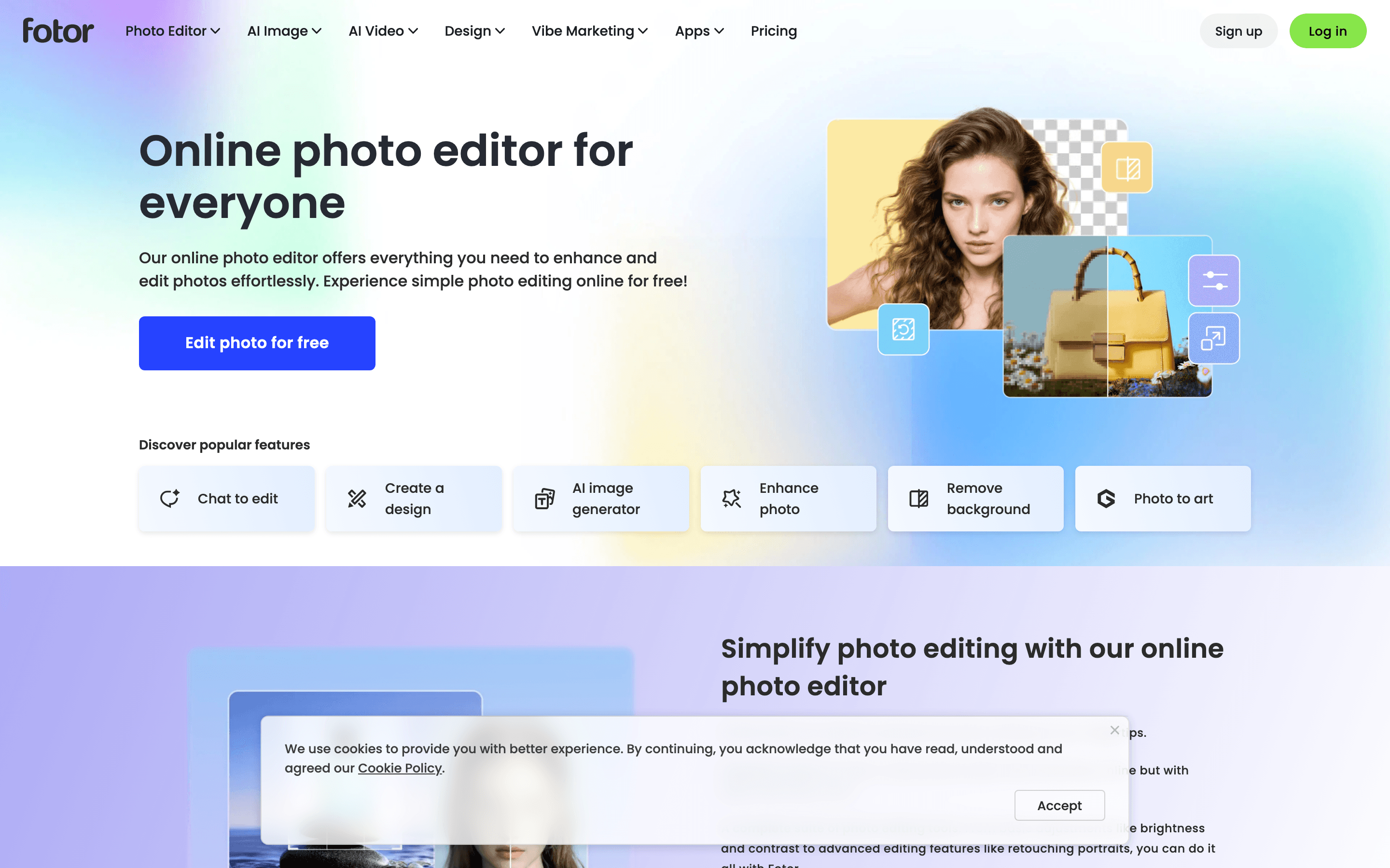 Fotor-Startseite mit Online-Fotobearbeitungswerkzeugen und Funktionen