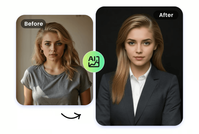 Fotor AI headshot generator output screen with an uploaded phone selfie next to its AI-generated professional headshot in the Classic Corporate style.