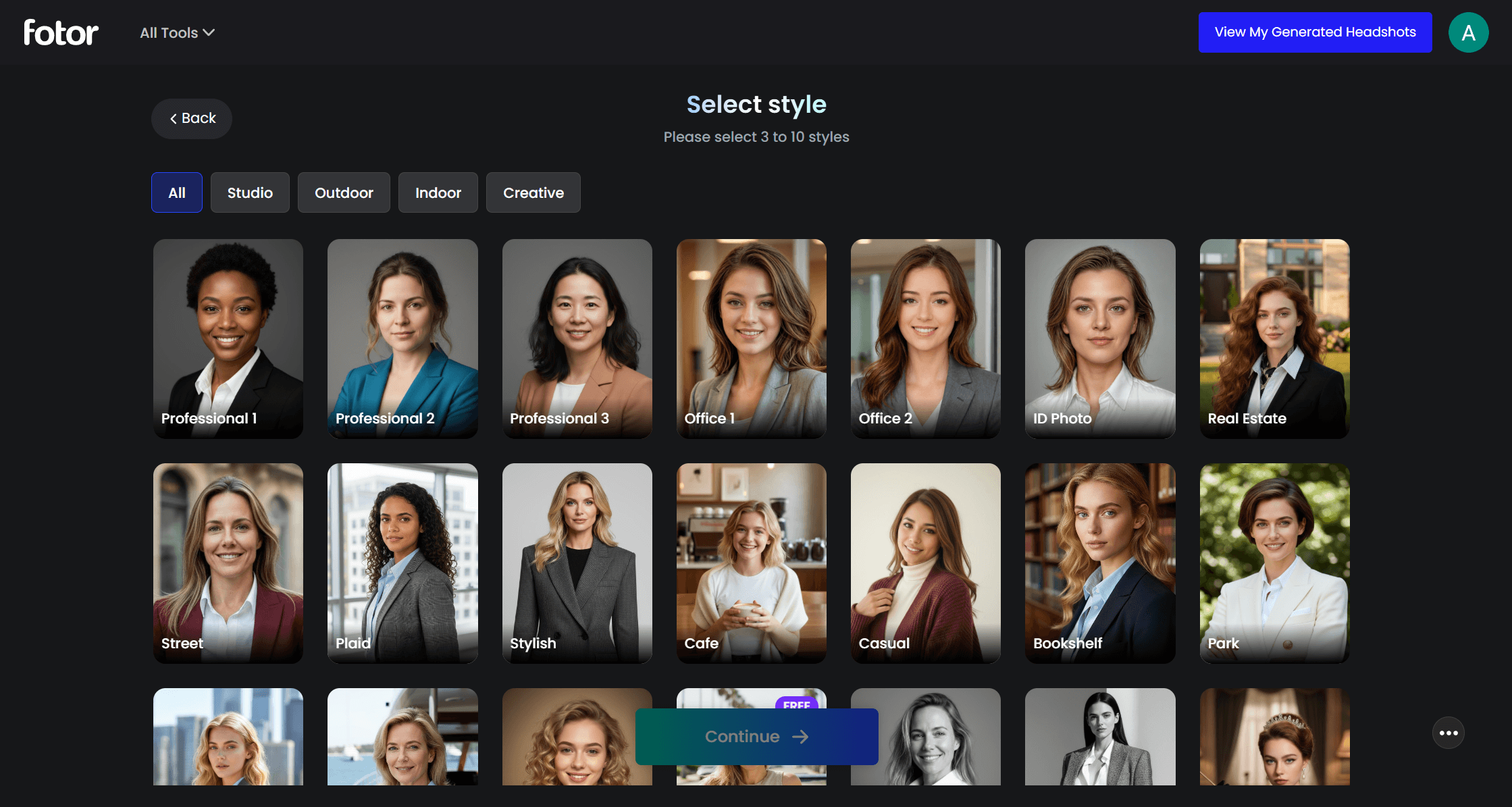 Fotor AI headshot generator style-selection screen with named style thumbnails and the Male, Female, Non-Binary, and Kids category picker.