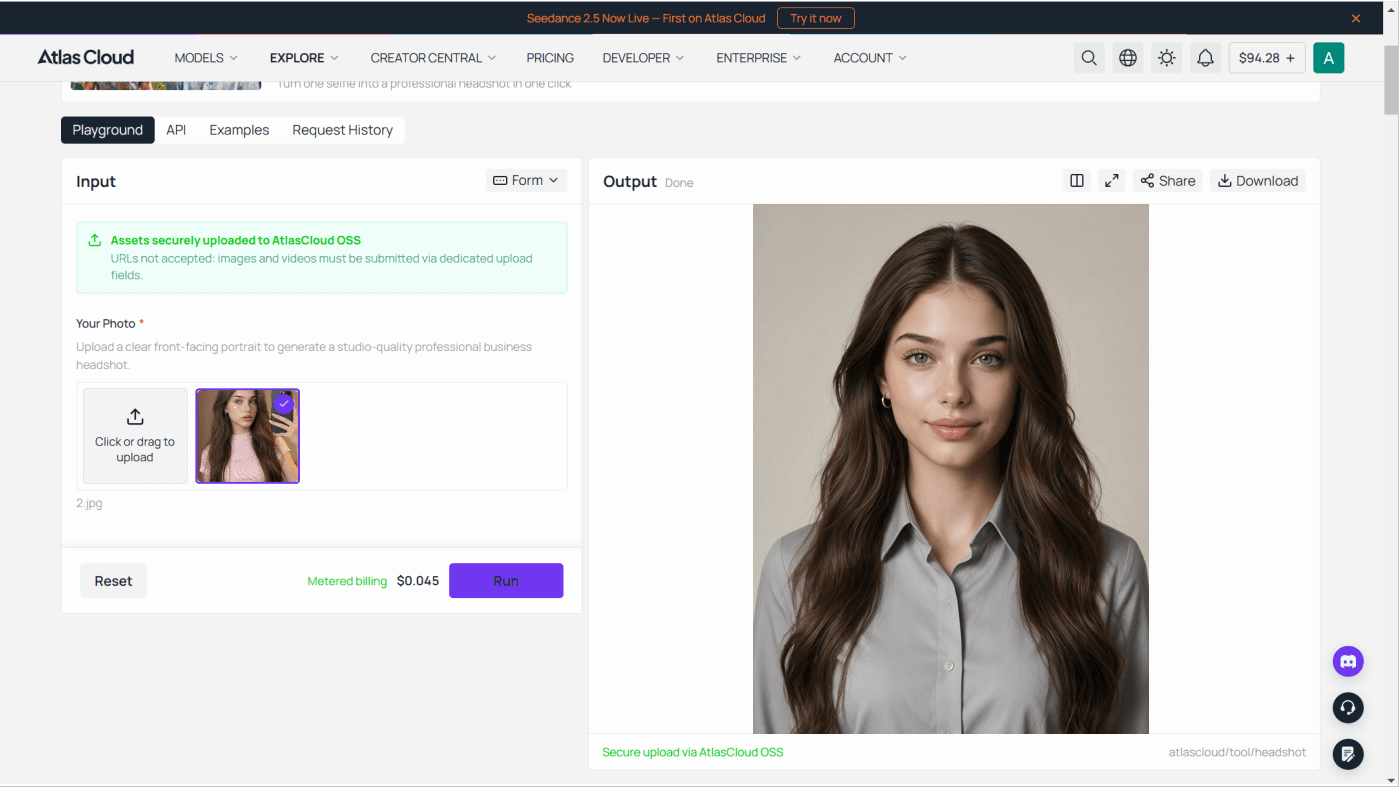 Atlas Cloud free AI headshot generator interface showing an uploaded selfie and the notice that each account gets one free generation before metered billing applies.
