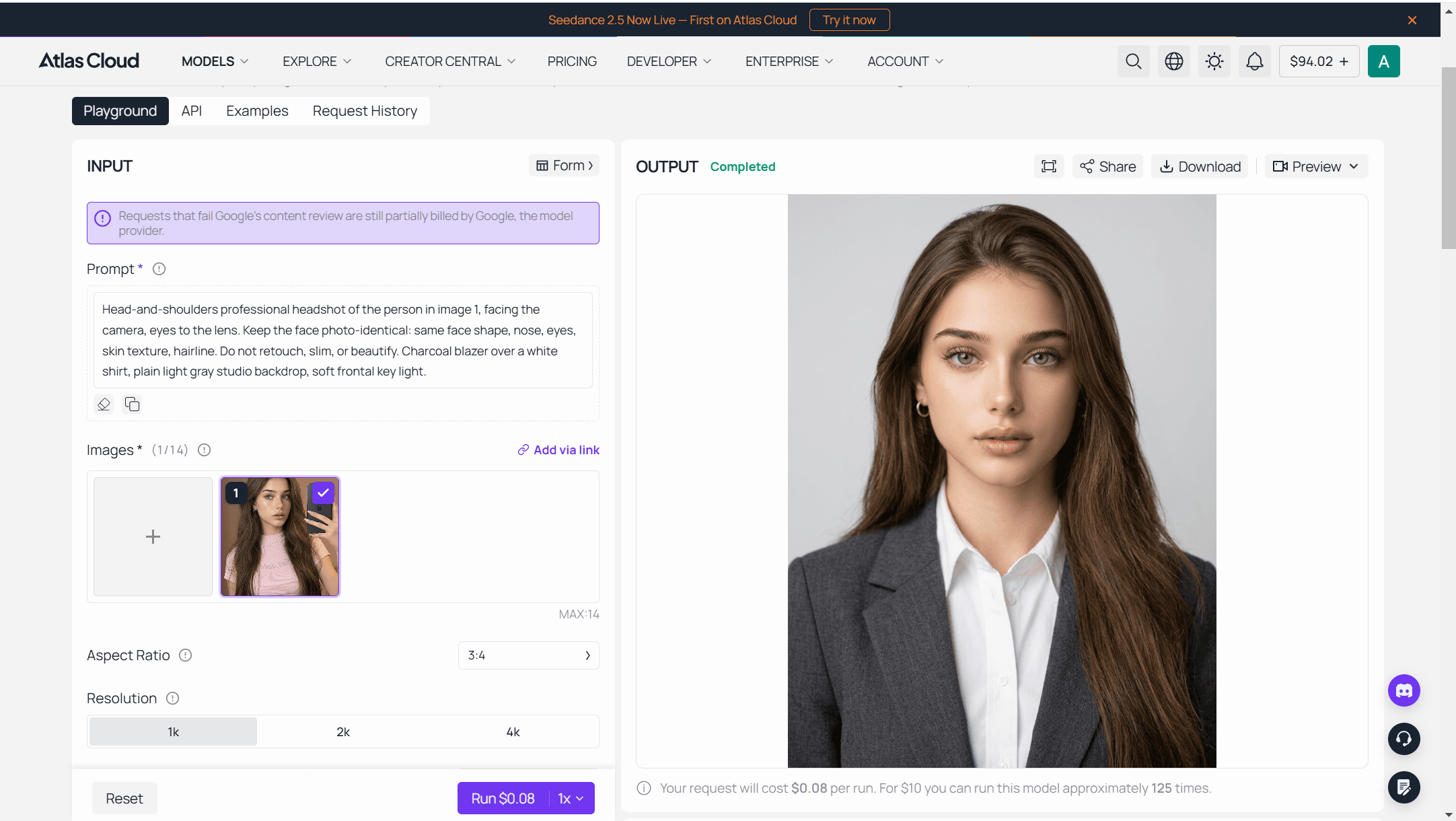 Atlas Cloud Nano Banana 2 Edit playground showing a selfie upload, a professional headshot prompt, a 1k resolution setting, and the per-run price on the Run button.
