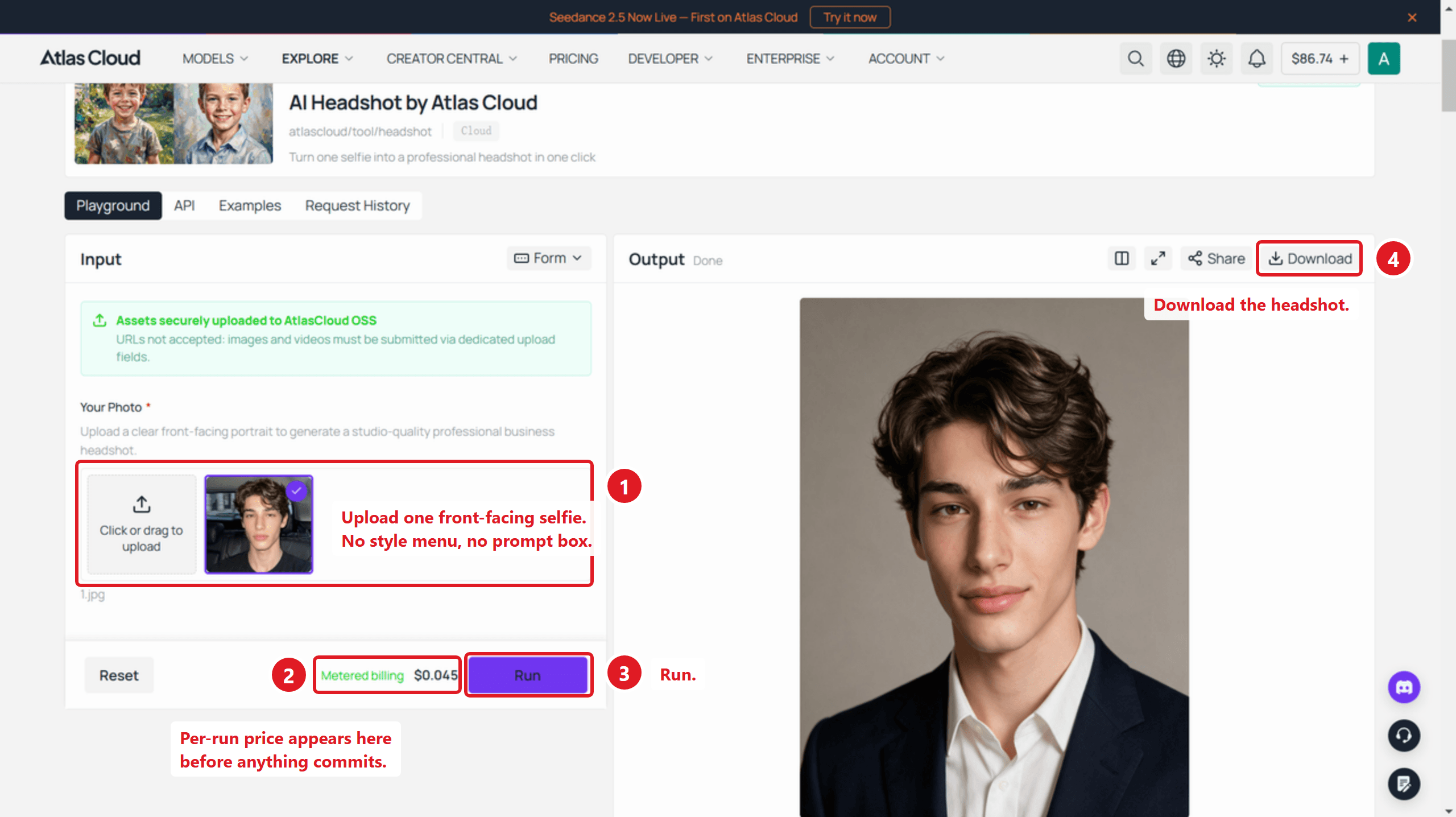 Atlas Cloud AI headshot playground shown in four stages, with the portrait upload area, the metered billing label beside the Run button, the running state, and the finished download control.