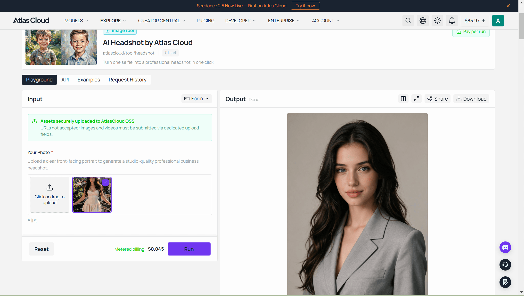Atlas Cloud headshot playground interface with an uploaded portrait, the per-run price shown next to the Run button, and the generated business headshot in the output panel.