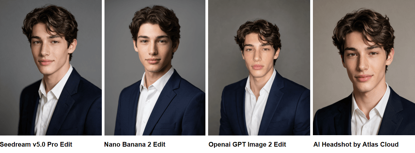 Four AI headshots of the same man in a navy jacket and open-collar white shirt, labeled Seedream v5.0 Pro Edit, Nano Banana 2 Edit, Openai GPT Image 2 Edit, and AI Headshot by Atlas Cloud, differing mainly in backdrop tone and how tightly each frames the shoulders.