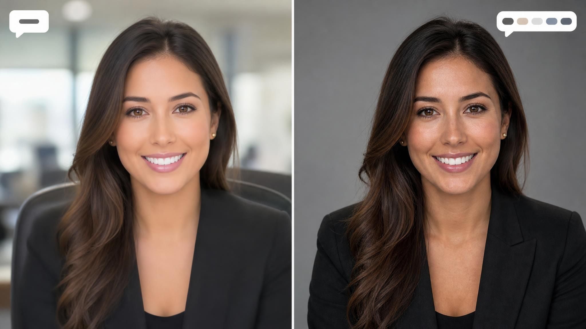 Two AI headshots from the same selfie, one from a vague seven-word prompt showing plastic-looking skin, one from a structured prompt showing realistic texture and studio lighting.
