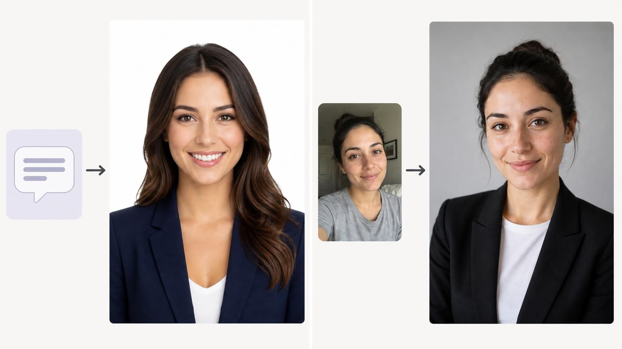 Comparison showing a text-to-image model inventing a new face versus an editing model preserving the uploaded person's face under the same headshot prompt.