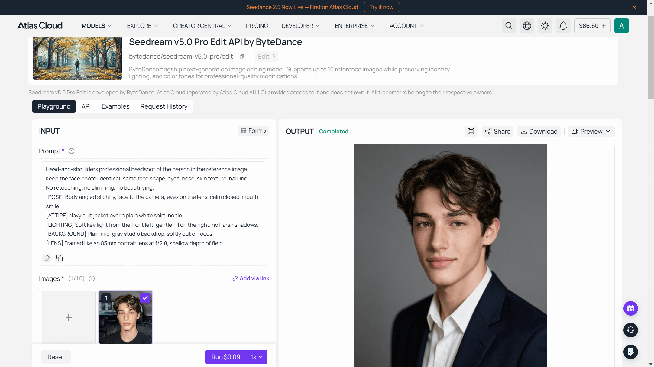 AI headshot generated by the full five-slot template prompt, showing a navy suit jacket, plain white shirt, softly blurred mid-gray studio backdrop, and natural unretouched skin texture.