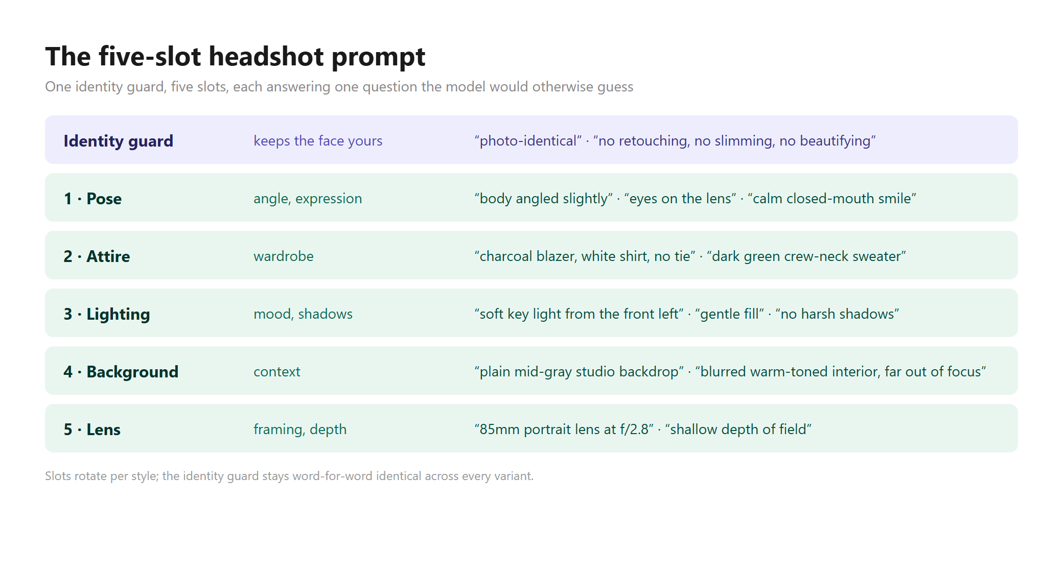 Cheat sheet chart listing the identity guard and five prompt slots for AI headshots, the visual element each slot controls, and copy-ready example phrases per slot.