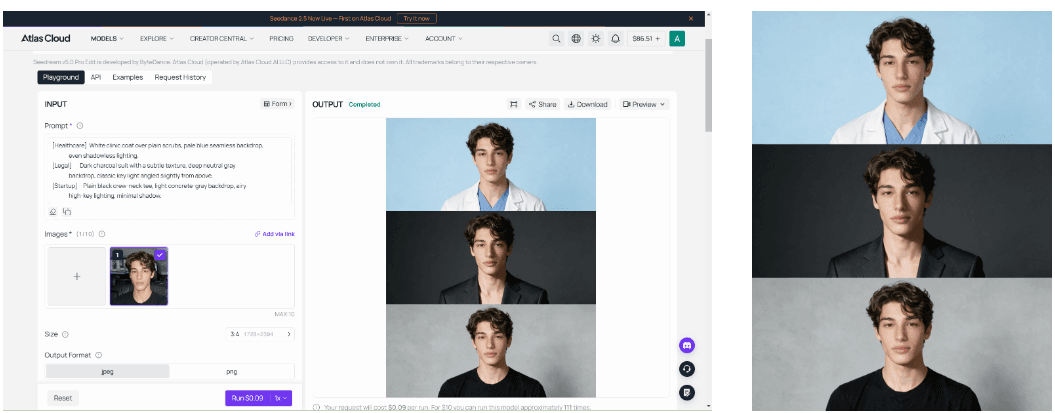 Three AI headshots of the same person styled by the healthcare, legal, and startup prompt variants: white clinic coat, charcoal suit, and black tee respectively.