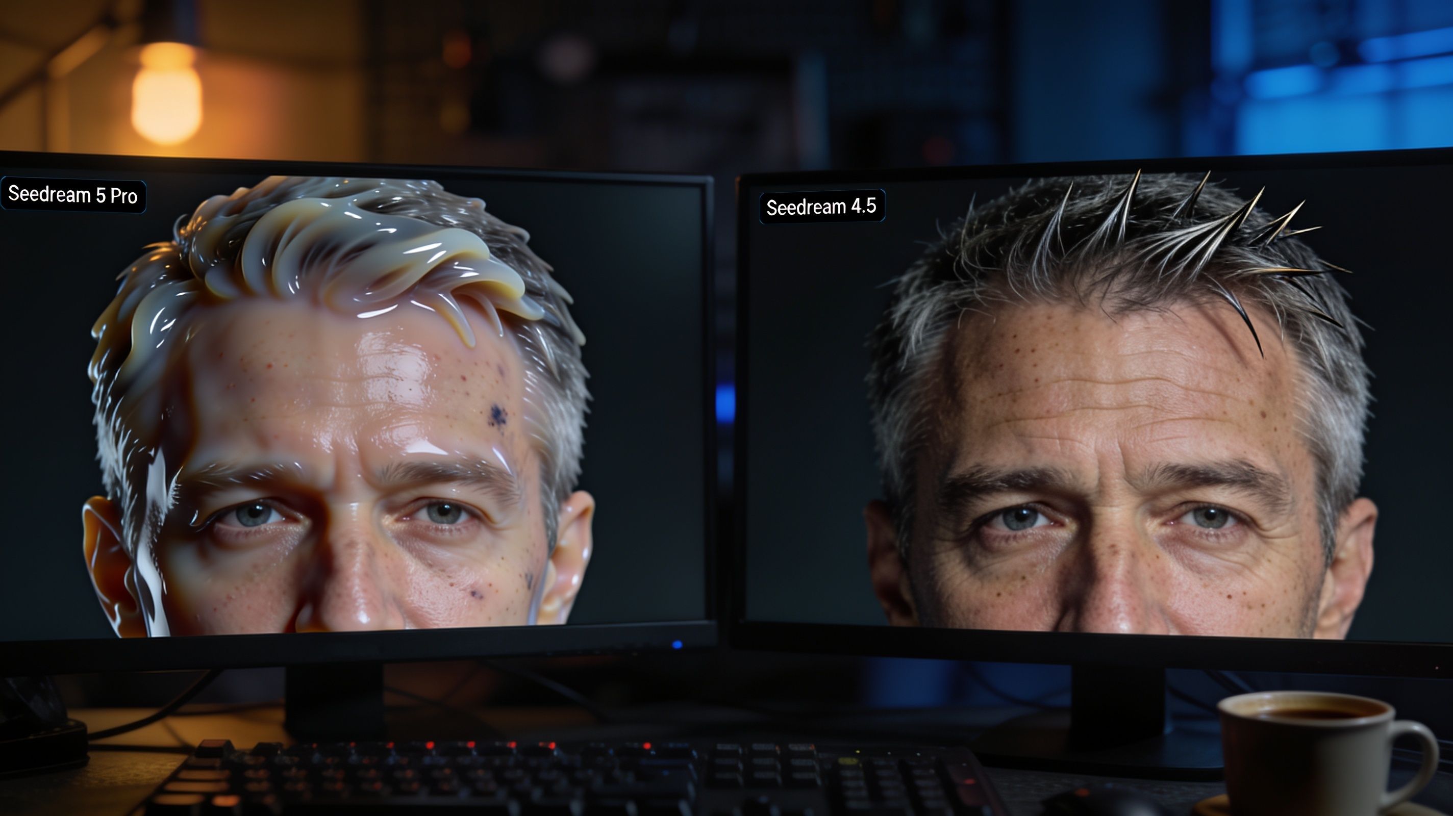Split-screen comparison of AI-generated portraits showing Seedream 5 Pro with plastic smooth skin versus Seedream 4.5 with natural pore-level texture detail
