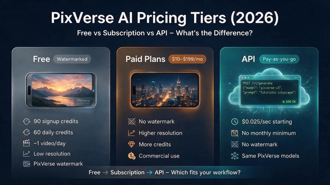 PixVerse AI pricing comparison infographic showing free tier with watermark and daily limits, subscription plans from 10 to 199 dollars monthly, and Atlas Cloud API at 0.025 dollars per second pay-as-you-go