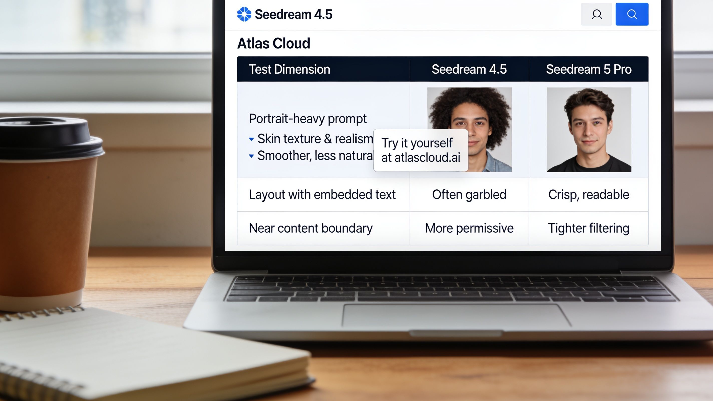 Laptop screen showing comparison table for testing Seedream 4.5 versus Seedream 5 Pro on Atlas Cloud across portrait quality text rendering and content filtering dimensions