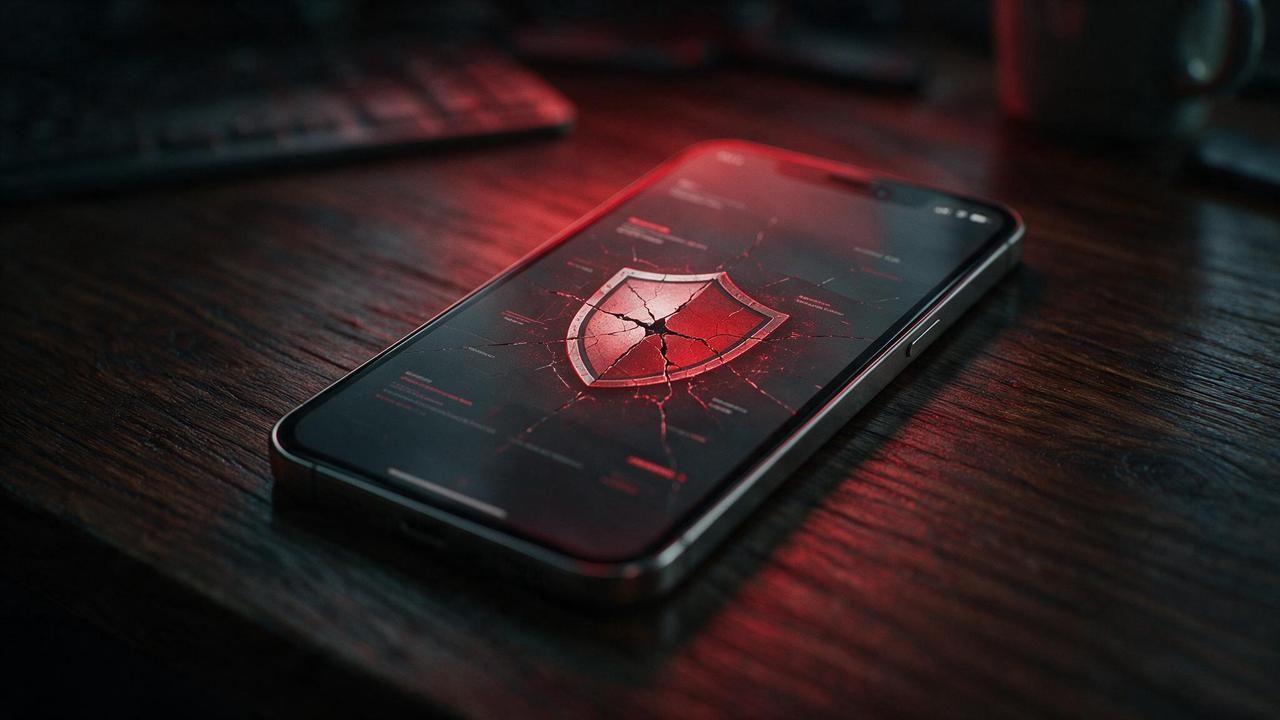 Smartphone displaying broken shield icon in red and gray tones, warning illustration for PixVerse AI Mod APK risks