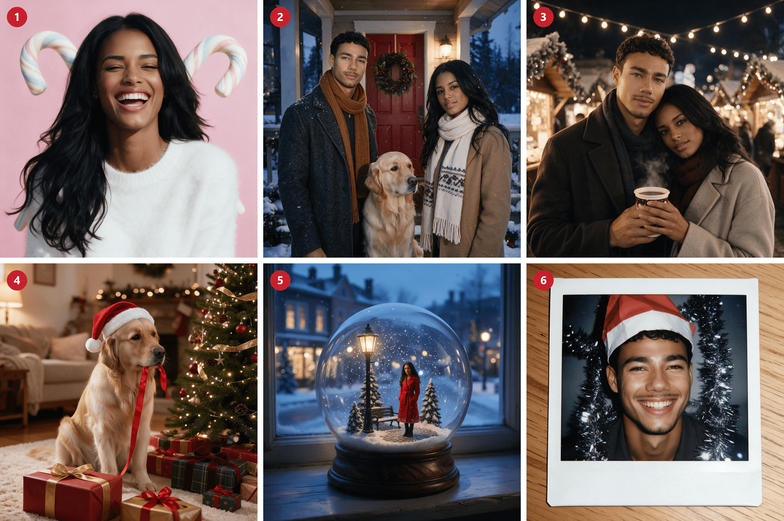 Six AI Christmas photos numbered 1 to 6: a laughing woman with pastel candy canes on pink, a couple and golden retriever on a snowy porch, a couple at a Christmas market, a golden retriever in a Santa hat, a tiny woman inside a snow globe, and a man in a Santa hat on an instant print