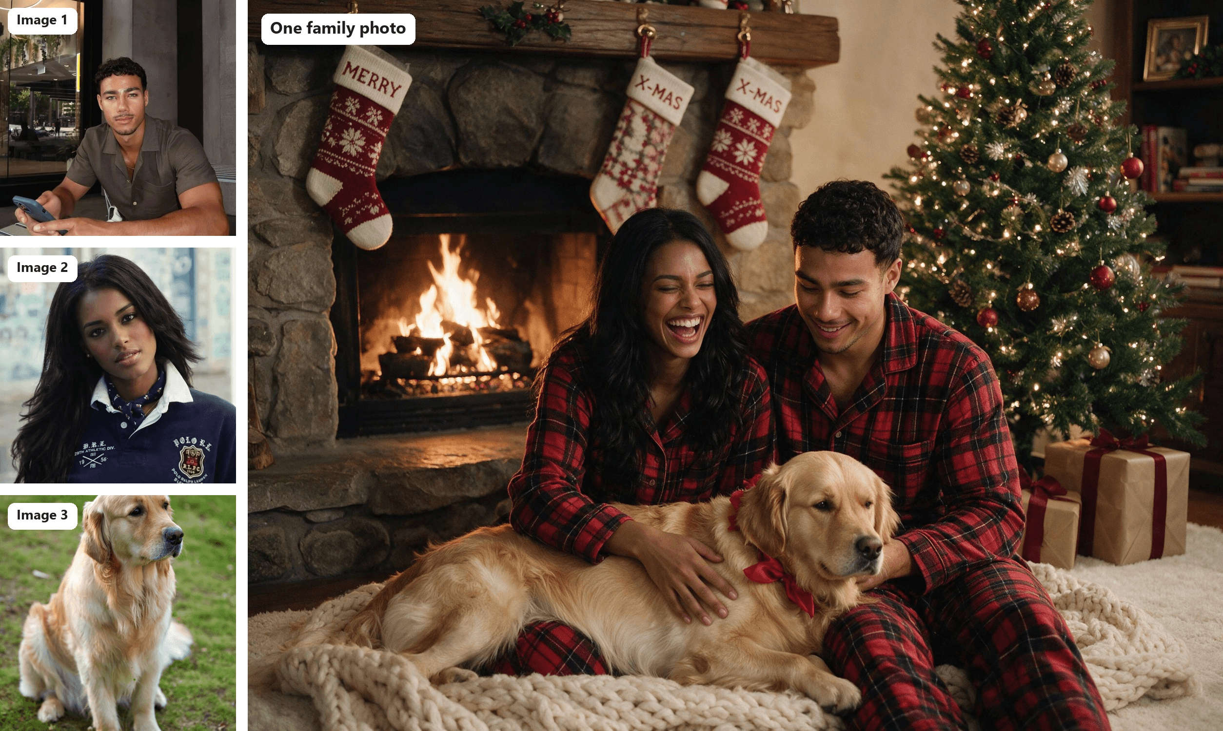 Three separate input photos of a man, a woman and a golden retriever merged into one AI family Christmas photo of the couple in matching red plaid pajamas by a stone fireplace with the dog across their laps Dog photo (image 3): Barnabas Davoti on Pexels