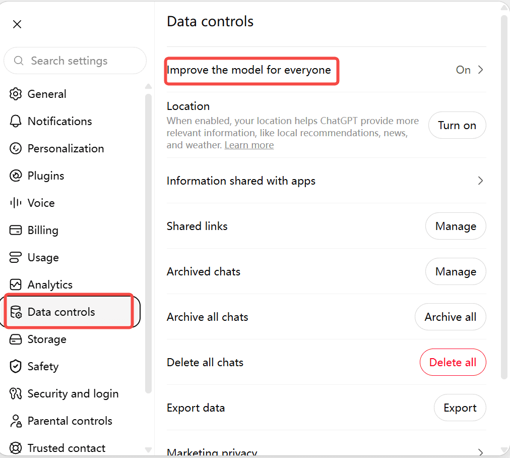 ChatGPT Settings page on the Data Controls tab with the Improve the model for everyone toggle, the setting that controls whether chats about a reference letter are used for training.