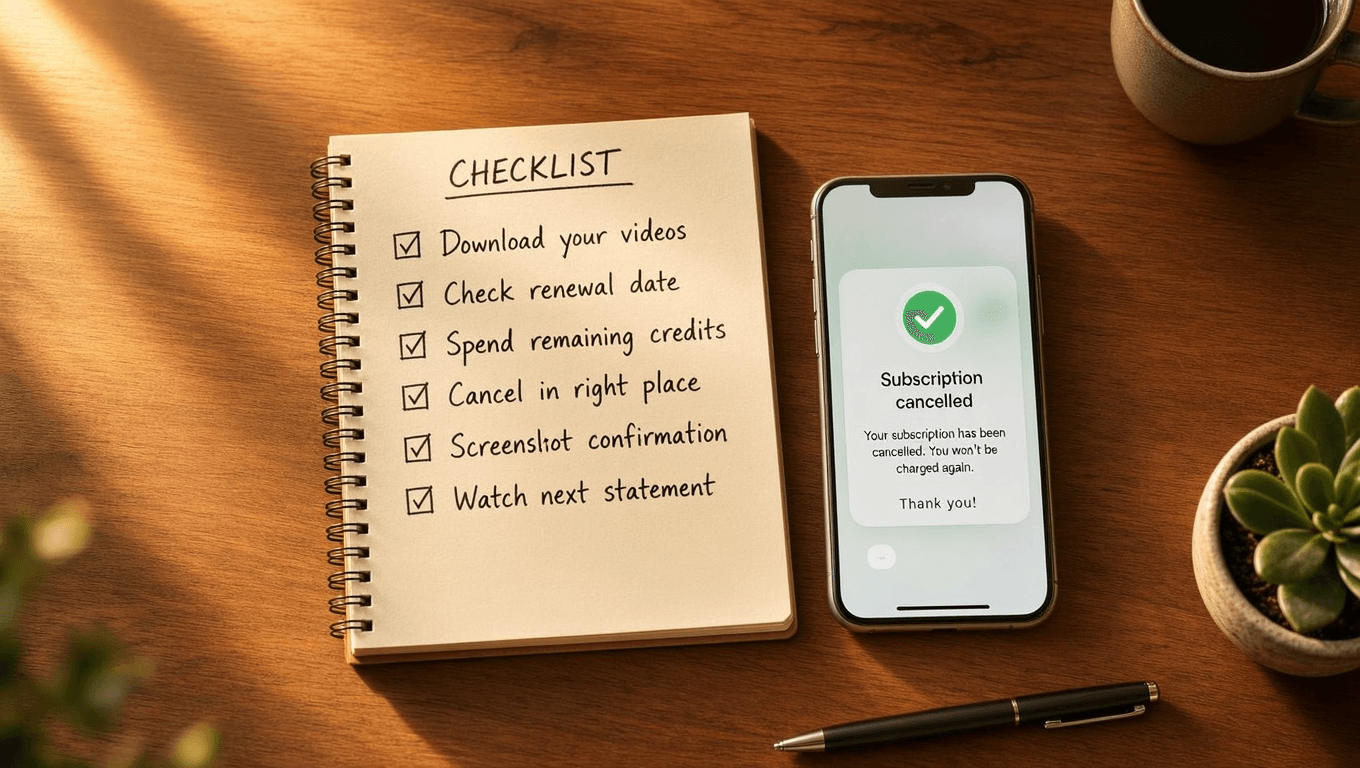 Top-down flat lay of checklist on notepad with six cancellation steps and phone showing subscription cancelled confirmation