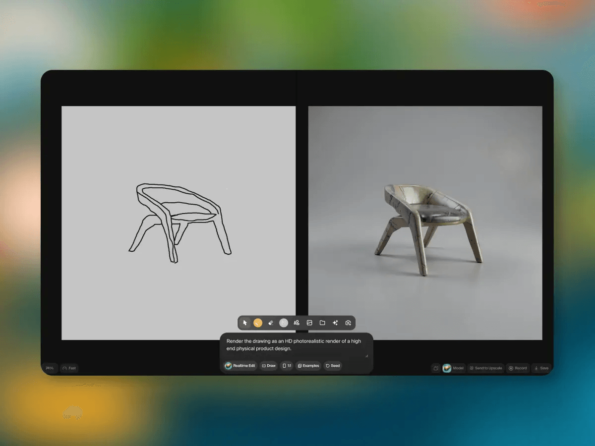 Krea AI's Realtime Canvas restyling a hand-drawn sketch into a photorealistic render