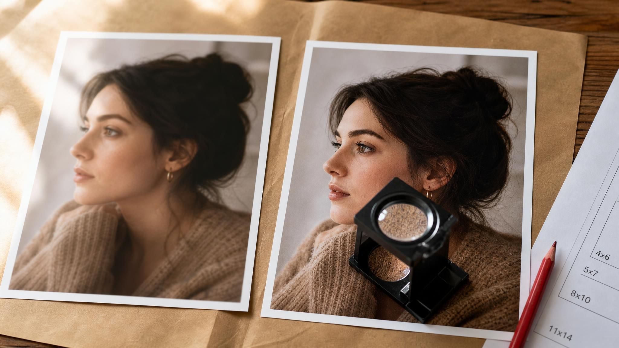 Two identical 5x7 photo prints side by side on a desk, the left one blurry and pixelated, the right one sharp, with a photographer's loupe magnifying detail on the sharp print.