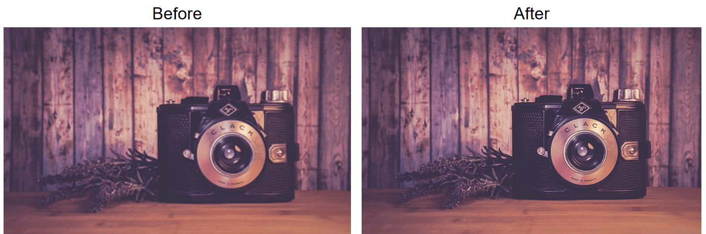 Before and after comparison of a vintage camera photo run through a free AI image upscaler. The 360 by 220 original enlarged to display size reads soft along the CLACK lettering and lens ring, while the 720 by 448 rebuild holds those edges, with a magnified crop of both underneath for a like for like look.