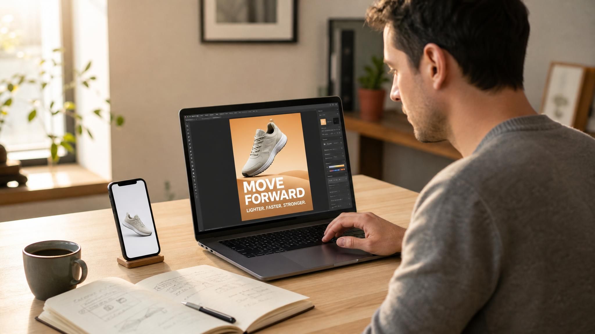 Marketer comparing a raw product photo to a finished AI-generated ad poster on a laptop screen