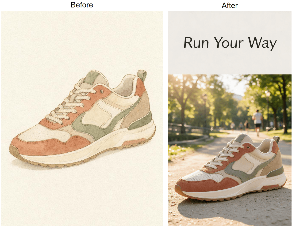 A hand-drawn sneaker sketch turned into a finished AI-generated ad poster, before and after