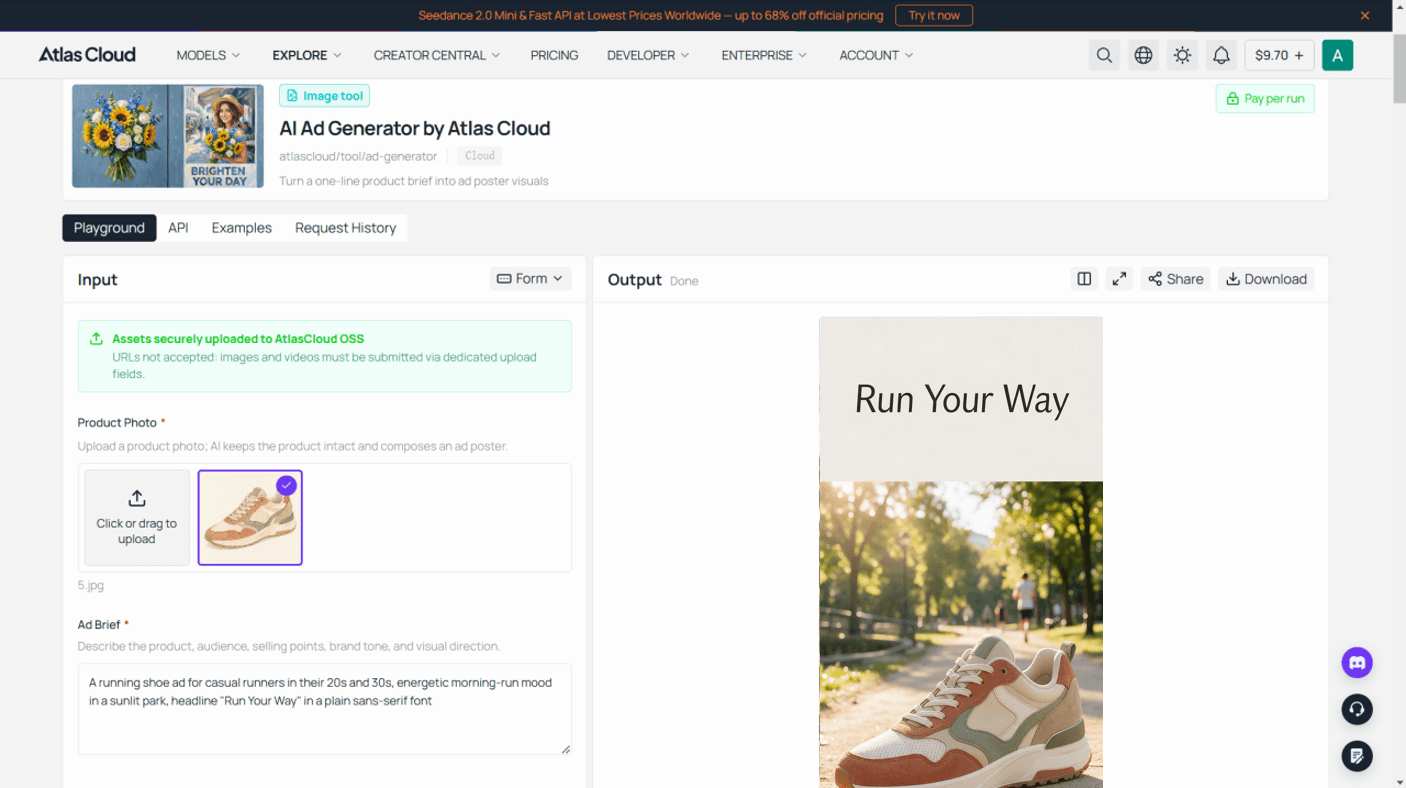 Atlas Cloud ad generator playground with a product photo uploaded and a one-line brief typed in, ready to run