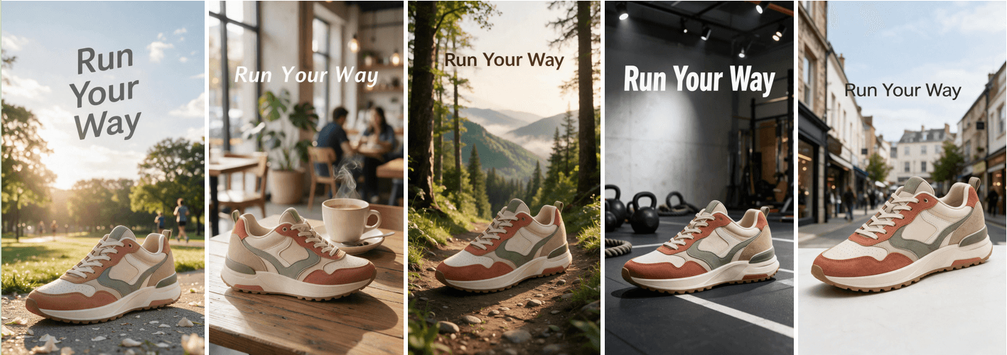 One AI-generated product design placed into five different banner ad contexts: picnic, gym, office, party, and beach scenes