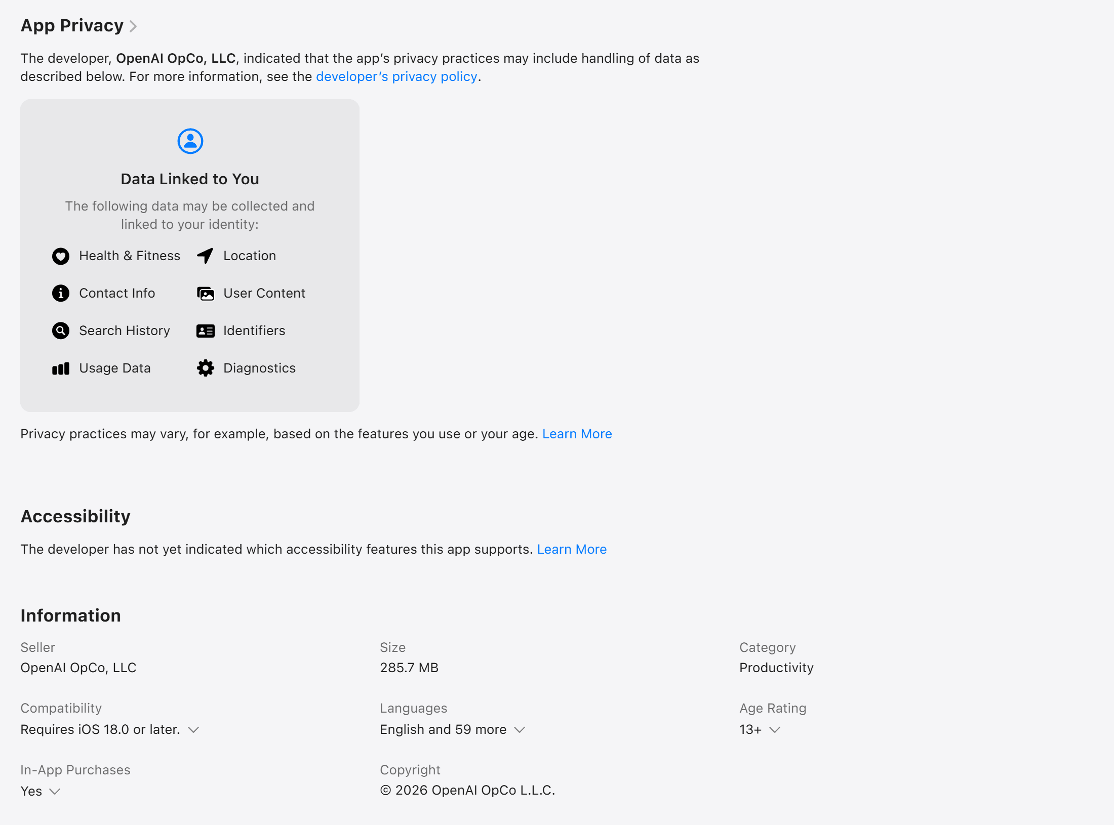 Apple App Store listing for ChatGPT showing the App Privacy section with eight Data Linked to You categories, the note that the information has not been verified by Apple, and the Information block naming OpenAI OpCo, LLC as seller with iOS 18.0 or later required. Source: ChatGPT listing on the Apple App Store, developer OpenAI OpCo, LLC, captured October 23, 2026.